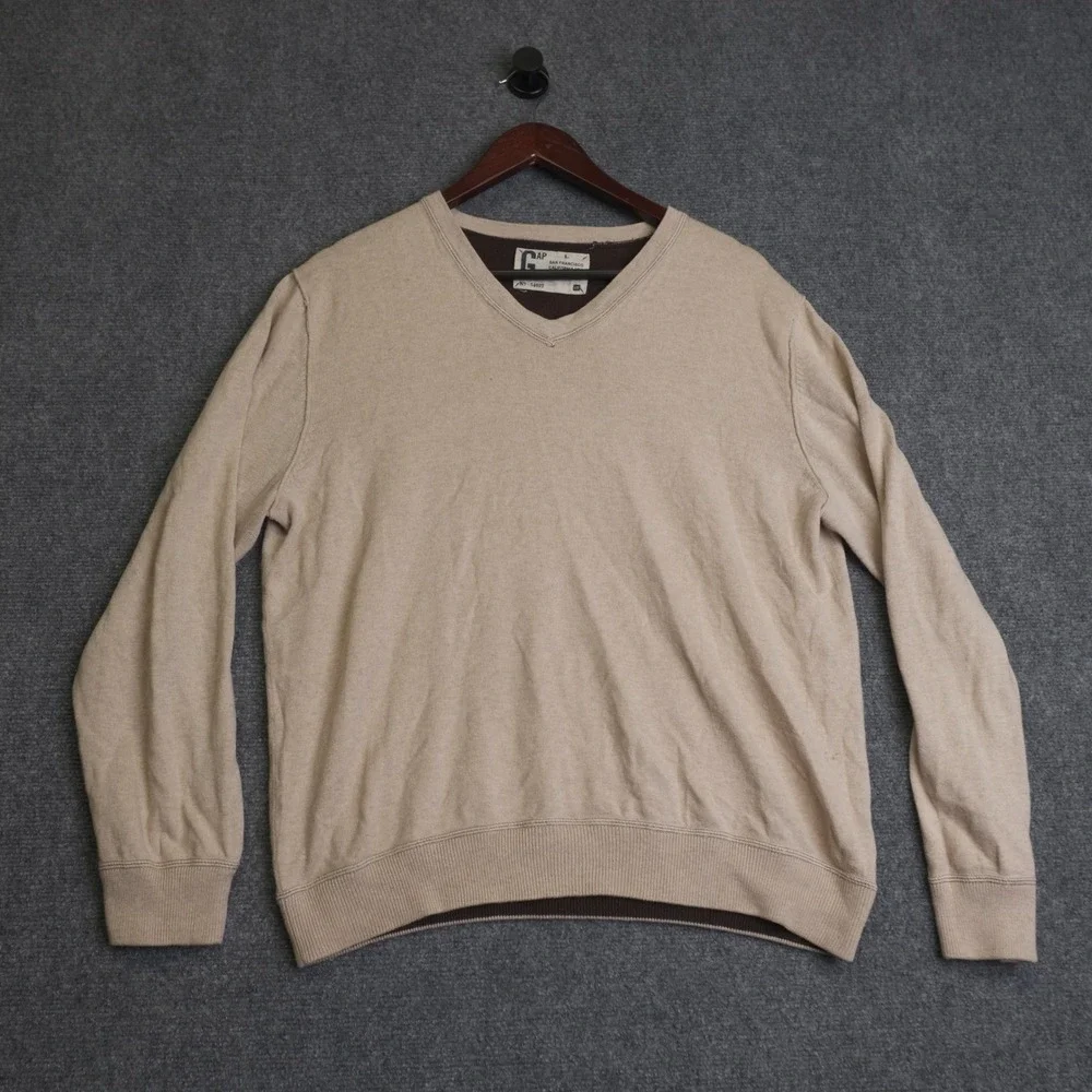 Gap V Neck Sweater Mens Large Brown Cotton Cashmere Blend Long Sleeve Pullover